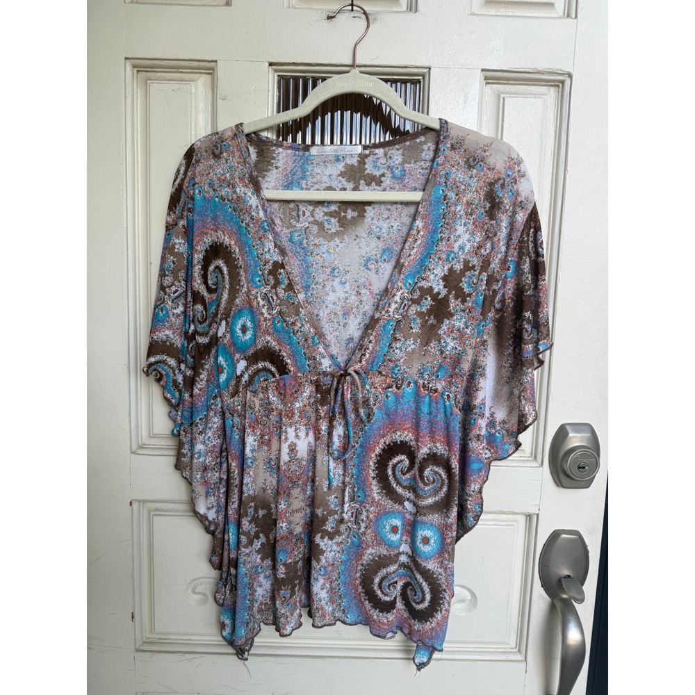 Charlotte Russe Y2K Paisley Boho Butterfly Sleeve Tie Front VNeck Top Size Small